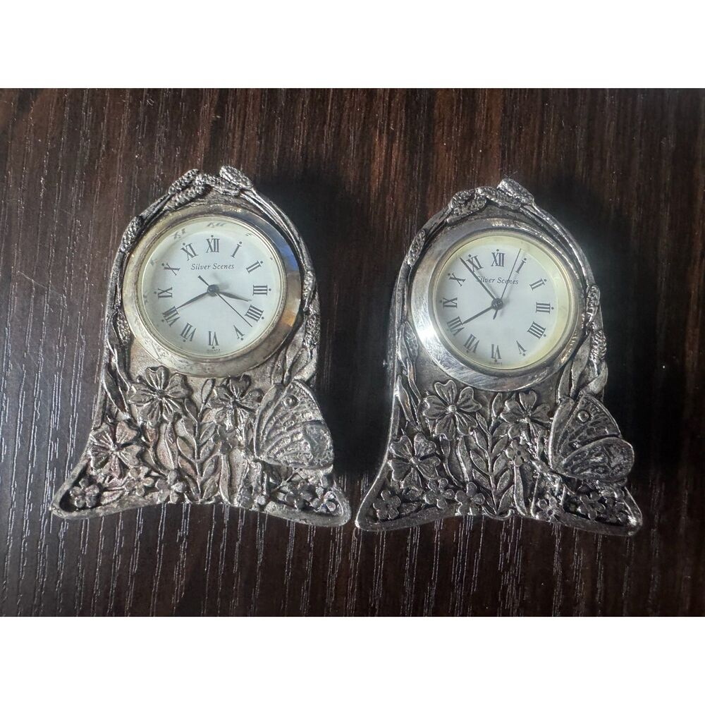Silver Scenes Mini Desk Clock Butterfly & Flower Design In Box - Set of 2